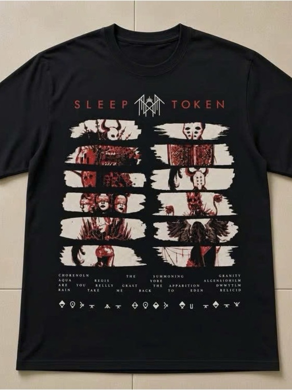 Black Short Sleeve Tee with Red and Cream Graphic